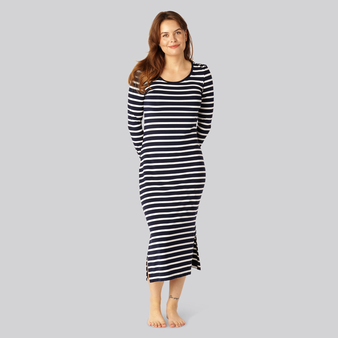 Bambus Stribet Langærmet Kjole I Navy Hvid Til Damer