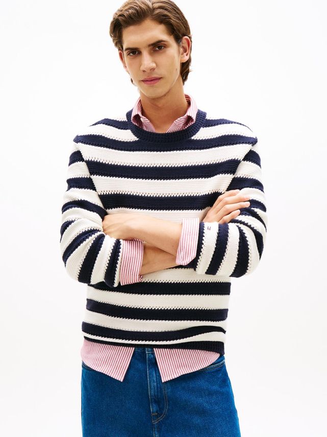 Crochet Block Stripe Crew Neck