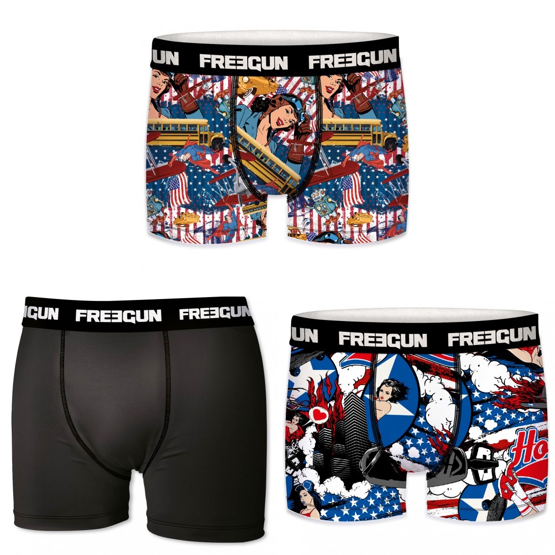 3-pack Microfiber Boxershorts - 2x Amerika Mønster Og 1x Sort - Freegun