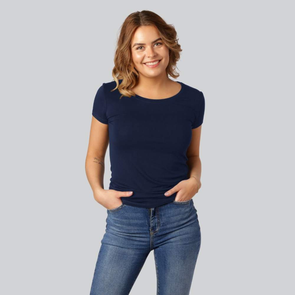Bambus T-shirt O-hals I Navy Blå Til Damer
