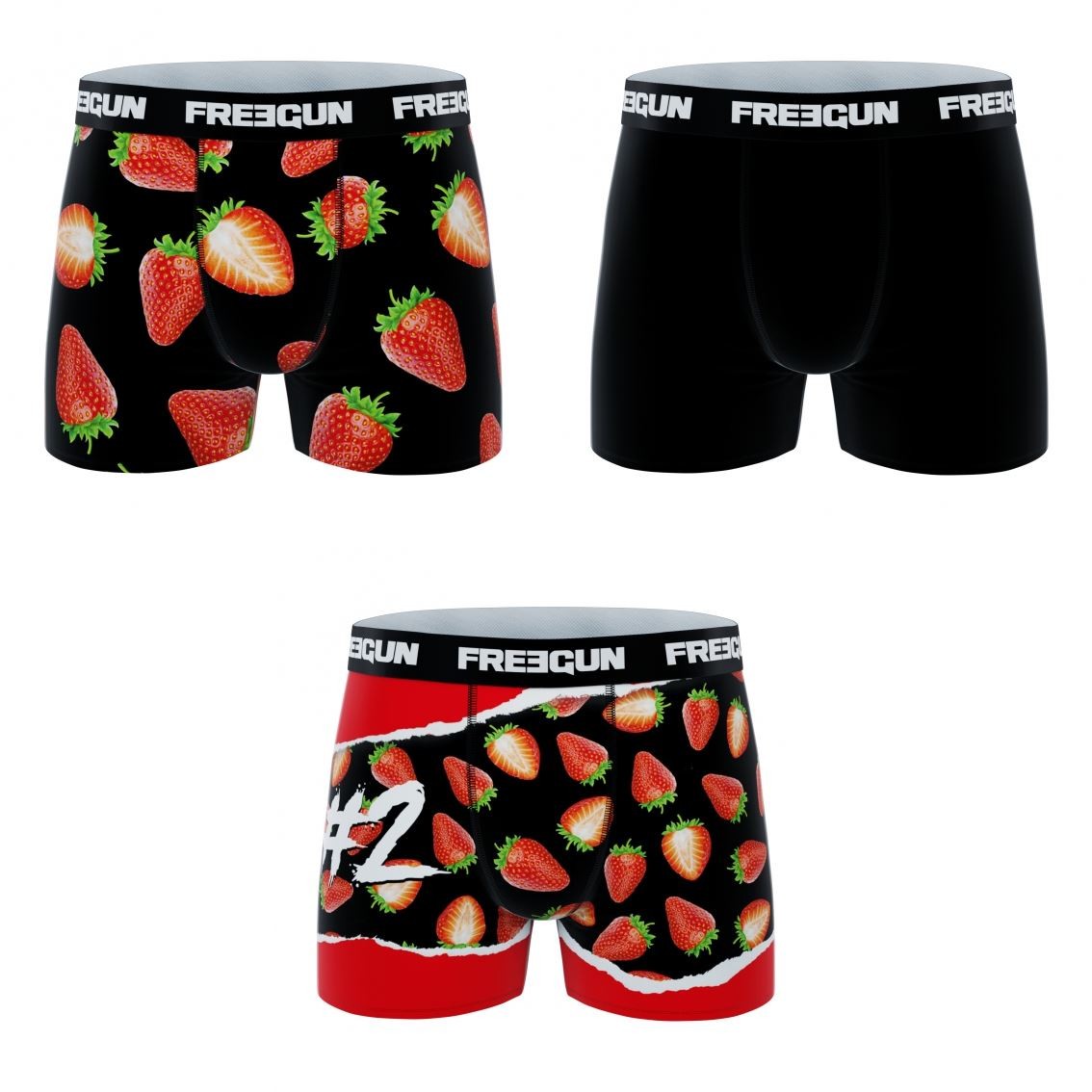 3-pack Microfiber Boxershorts - 2x Jordbær Mønster Og 1x Sort - Freegun