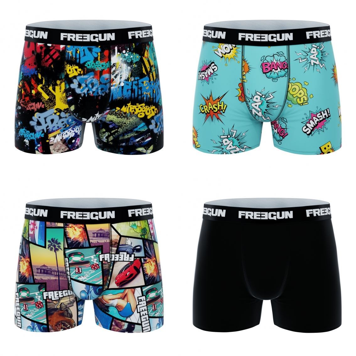 4-pack Microfiber Boxershorts - 1x Graffiti 1x Pow 1x Big City Og 1x Sort - Freegun