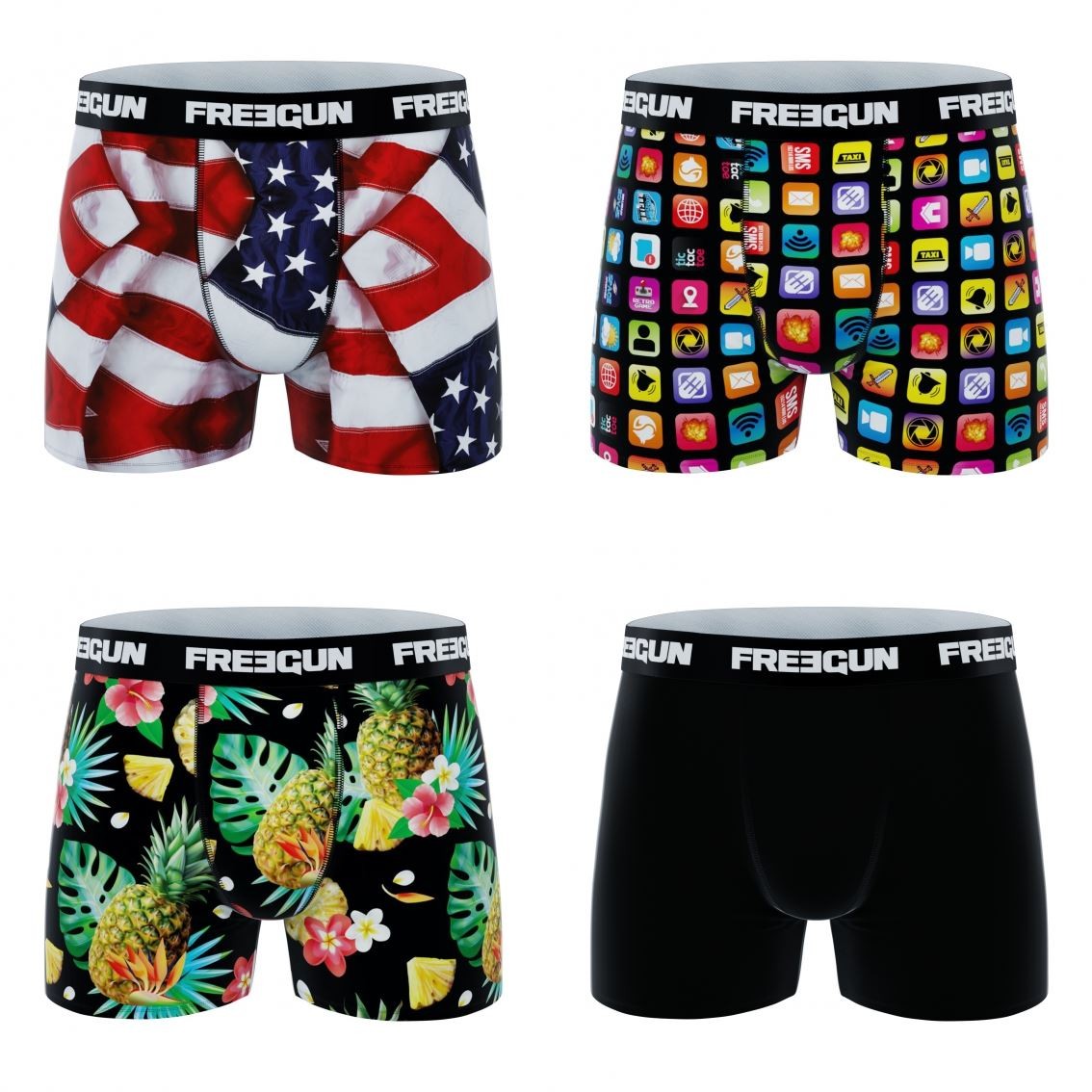 4-pack Microfiber Boxershorts - 1x Usa 1x App 1x Pineapple Og 1x Sort - Freegun