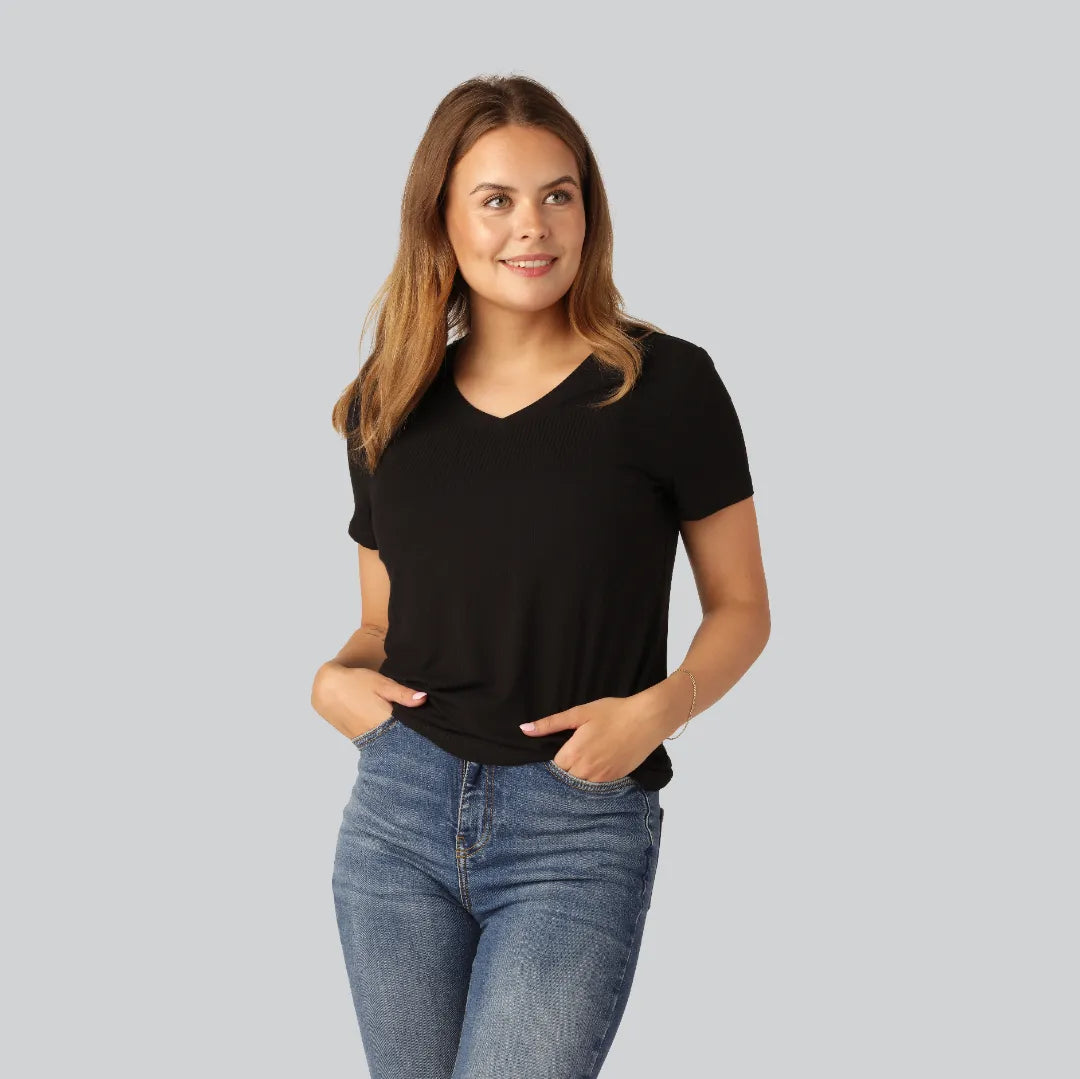Bambus T-shirt V-hals Ribbet I Sort Til Damer