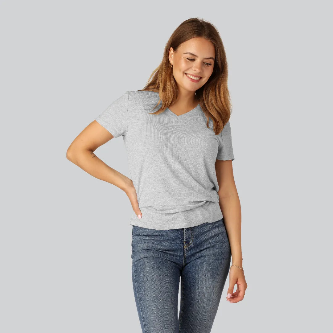Bambus T-shirt V-hals Ribbet I Lysegrå Til Damer