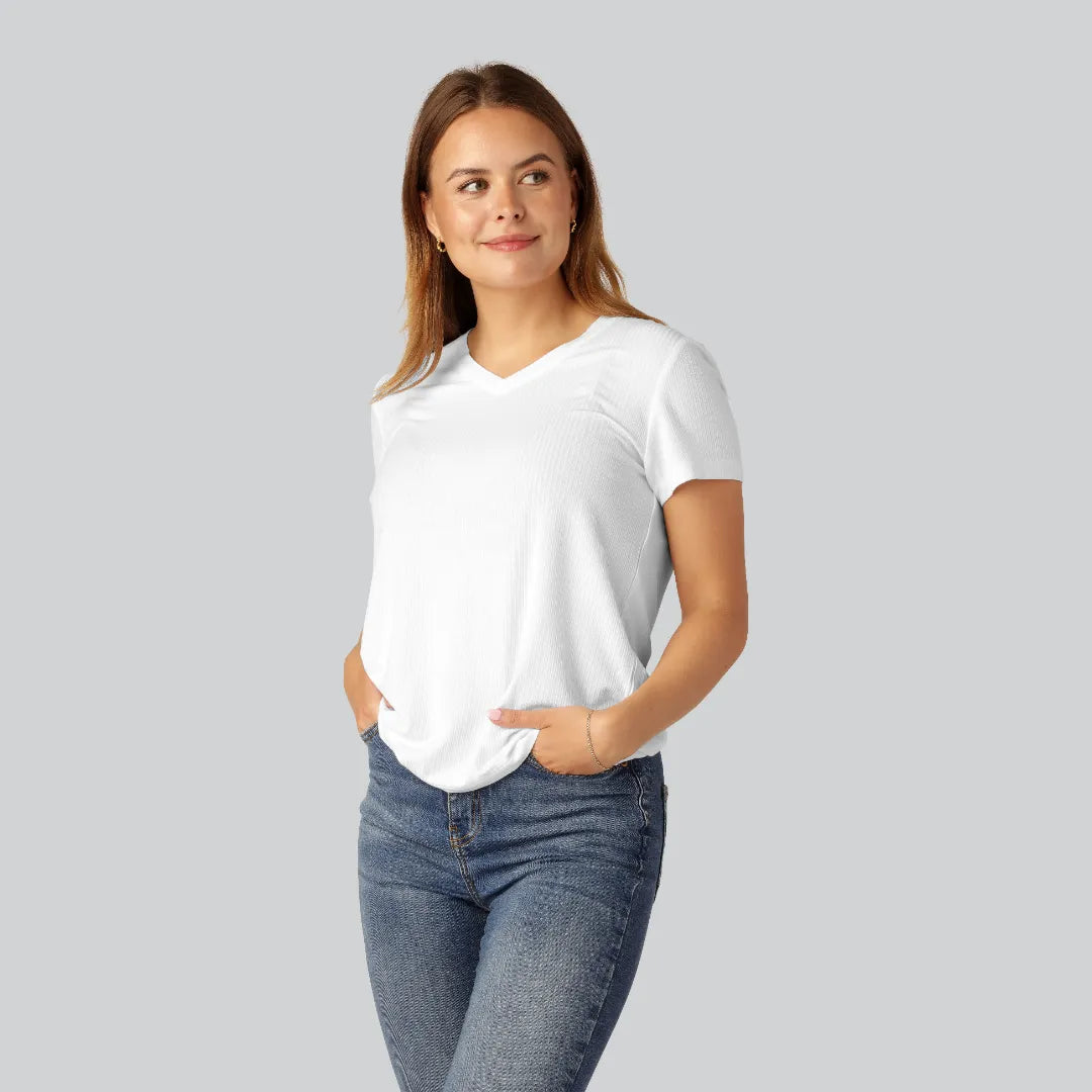 Bambus T-shirt V-hals Ribbet I Hvid Til Damer
