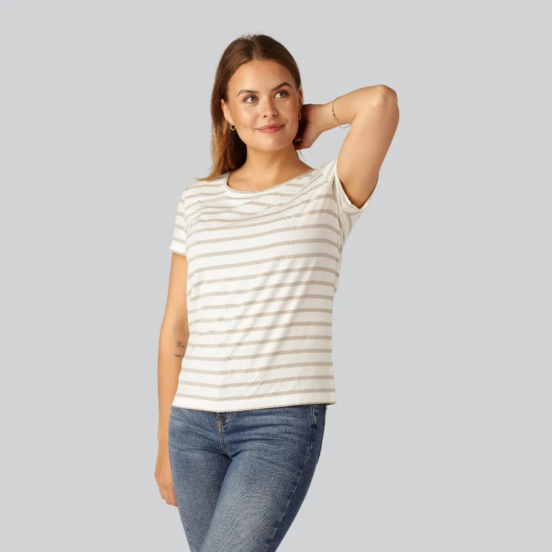 Bambus T-shirt O-hals Stribet I Sand Beige Til Damer