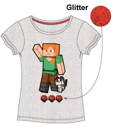 Minecraft Grå T-shirt Til Piger Med Glitter  4-8 år