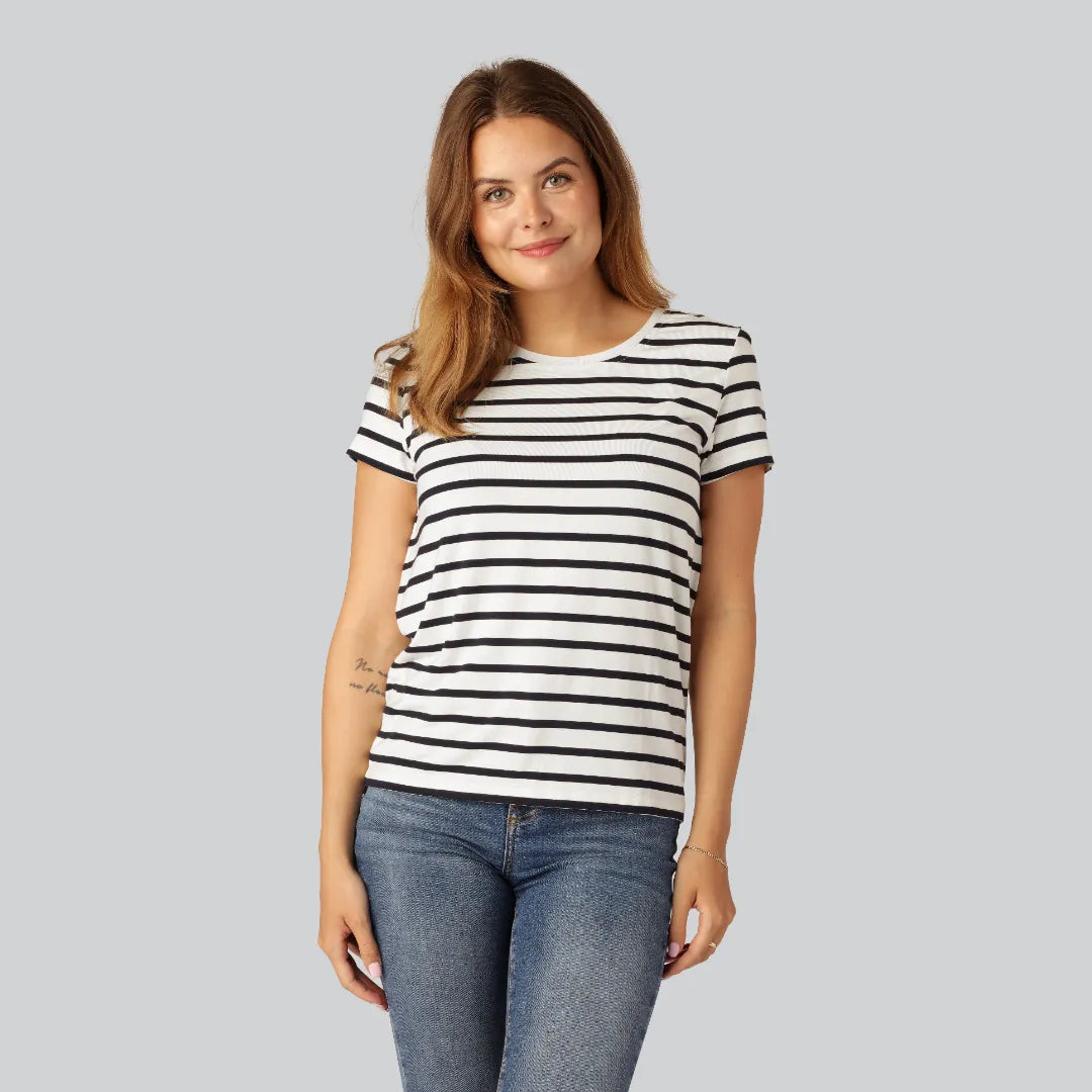 Bambus T-shirt O-hals Stribet I Navy Beige Til Damer