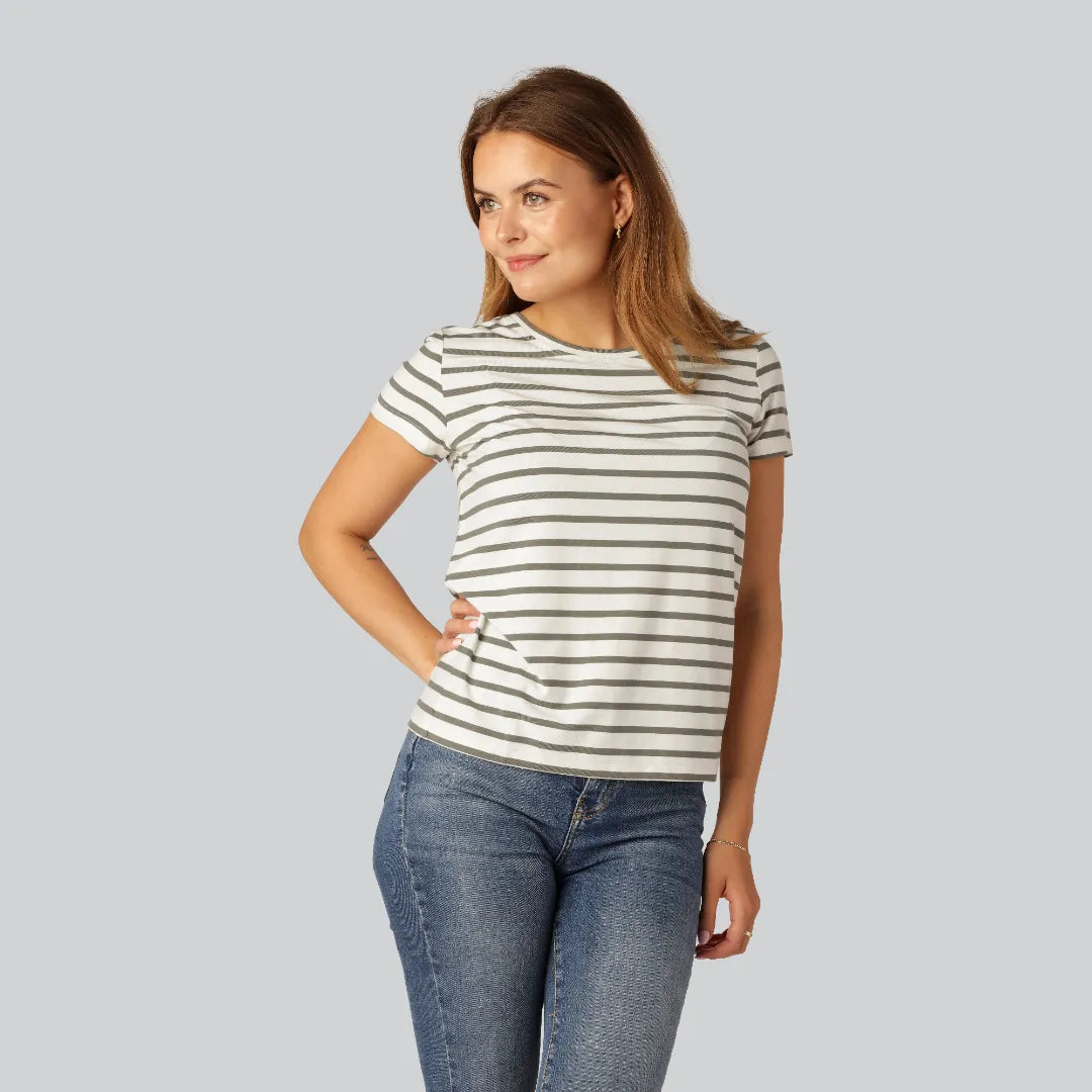 Bambus T-shirt O-hals Stribet I Oliven Beige Til Damer