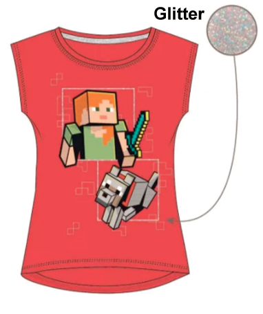 Minecraft Rød T-shirt Til Piger Med Glitter  4-8 år